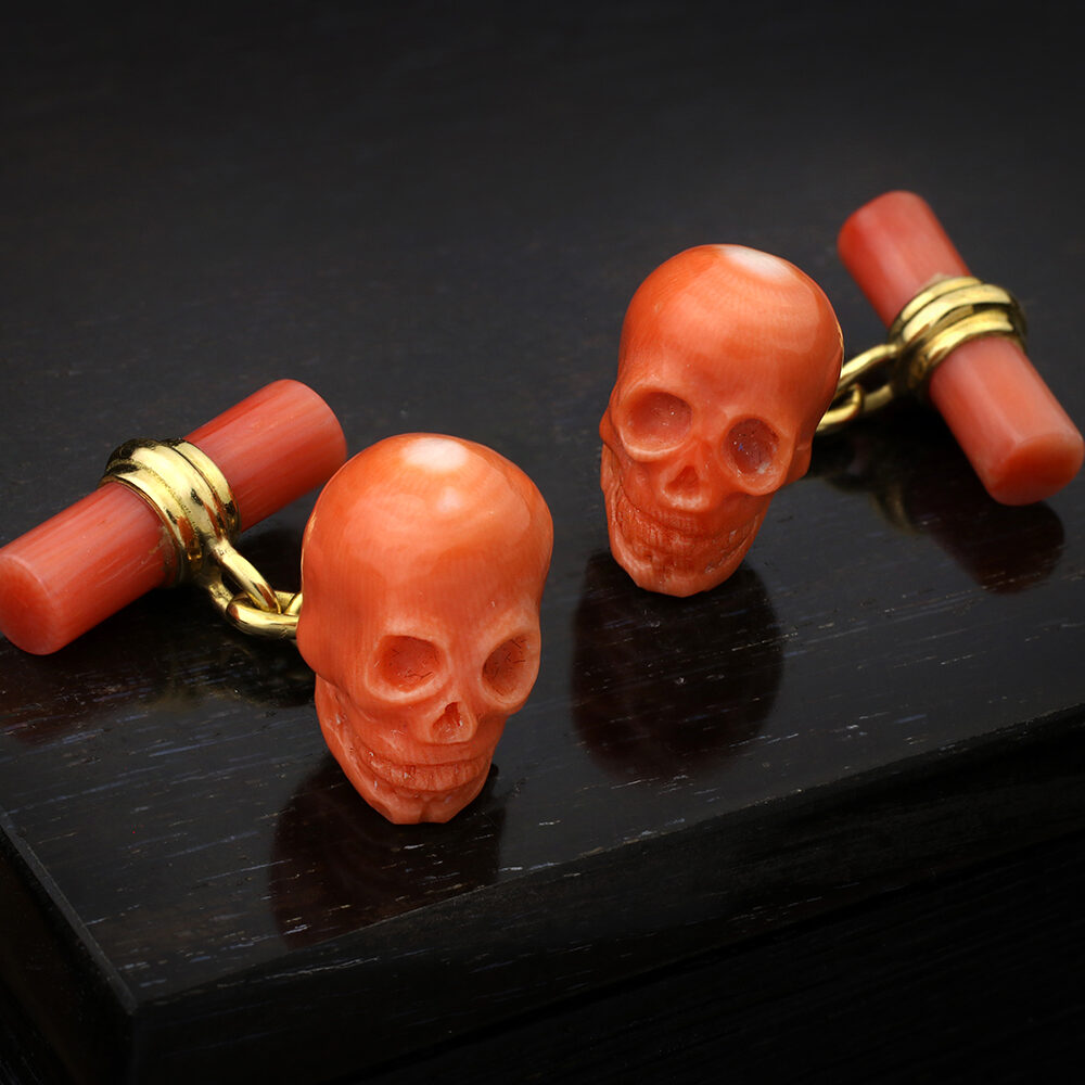 Carved Coral And Gold Skull Cufflinks