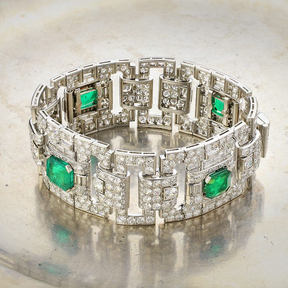 Art Deco Colombian Emerald and Diamond Wide Bracelet