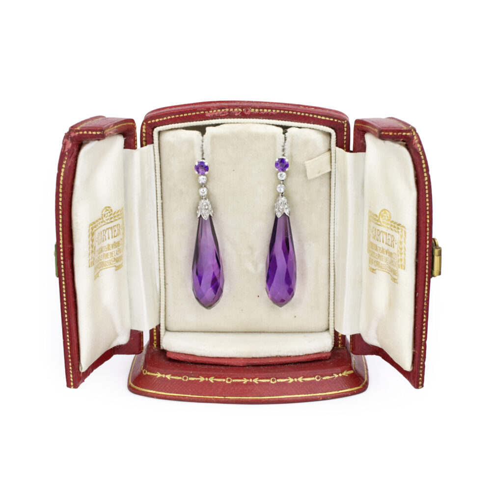 Cartier Art Deco Amethyst and Diamond Ear Pendants