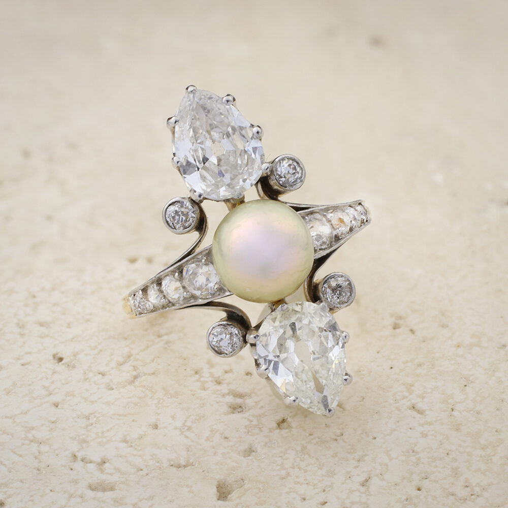 Natural Pearl and Pear Shaped Diamond Ring