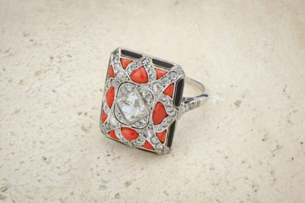 Diamond Coral And Enamel Cocktail Ring