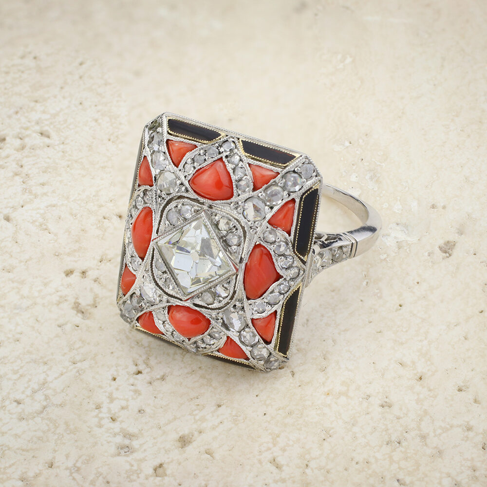 Diamond Coral and Enamel Cocktail Ring