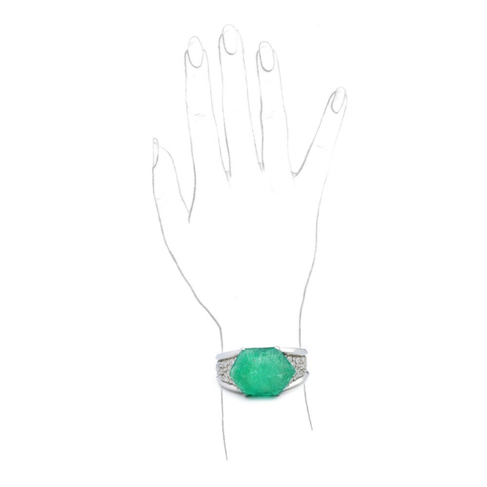 Paul Flato Carved Colombian Emerald and Diamond Cuff Bracelet
