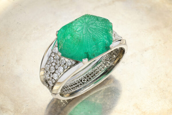 Paul Flato Carved Colombian Emerald And Diamond Cuff Bracelet» Price On Request «