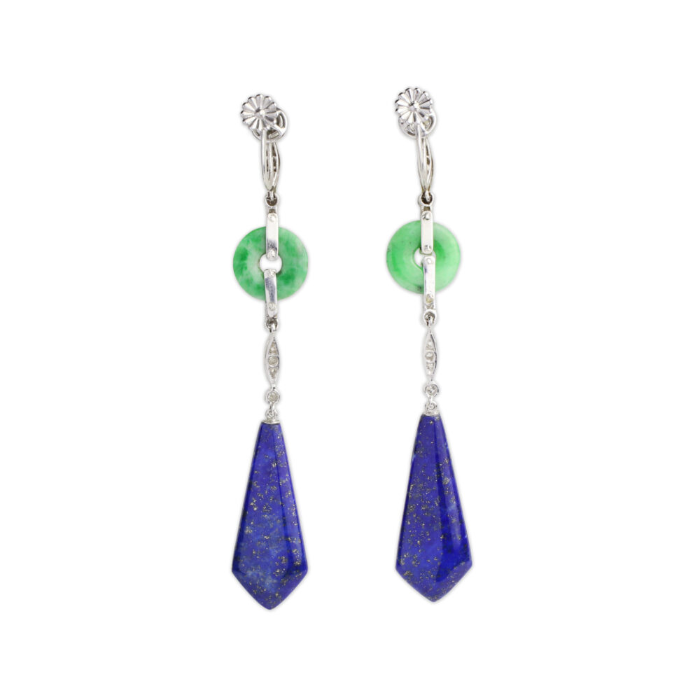 Art Deco Lapis Lazuli, Jade and Diamond Ear Pendants