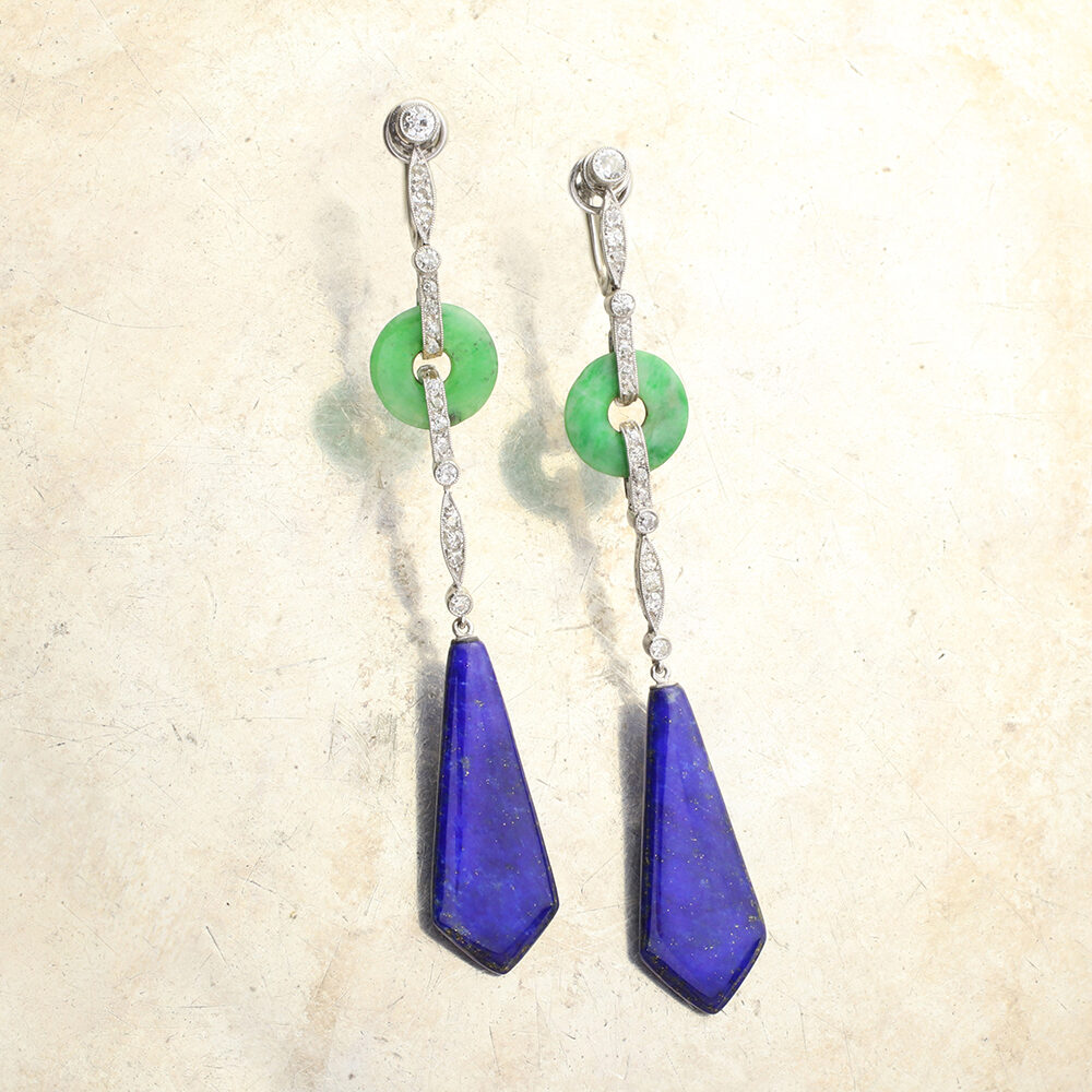 Art Deco Lapis Lazuli, Jade and Diamond Ear Pendants