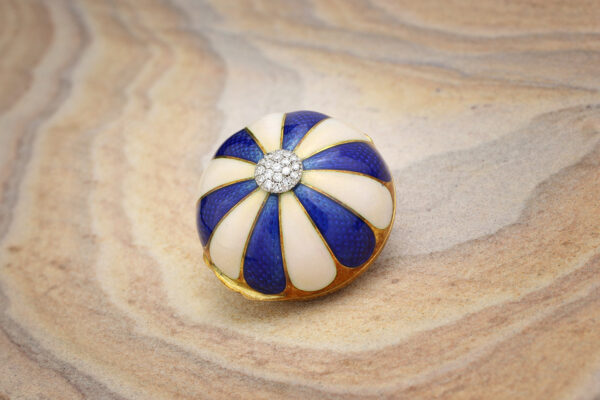 Diamond Set Blue And White Guilloche Enamel And Gold Pillbox