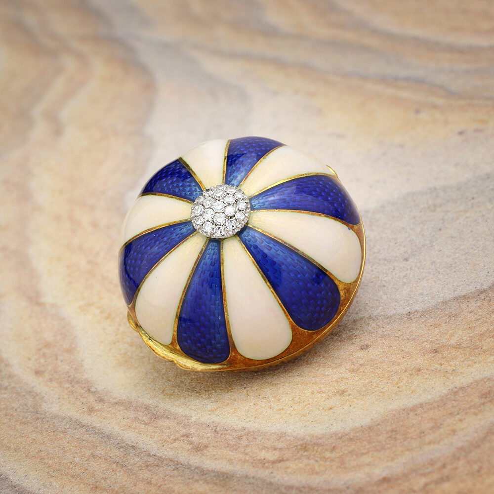 Diamond Set Blue and White Guilloche Enamel and Gold Pillbox
