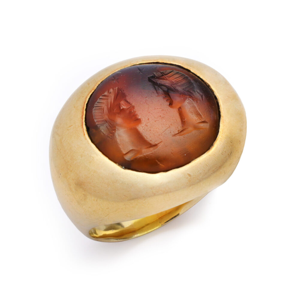 Ancient Roman Carnelian Intaglio of 'The Divine Twins' and Gold Ring