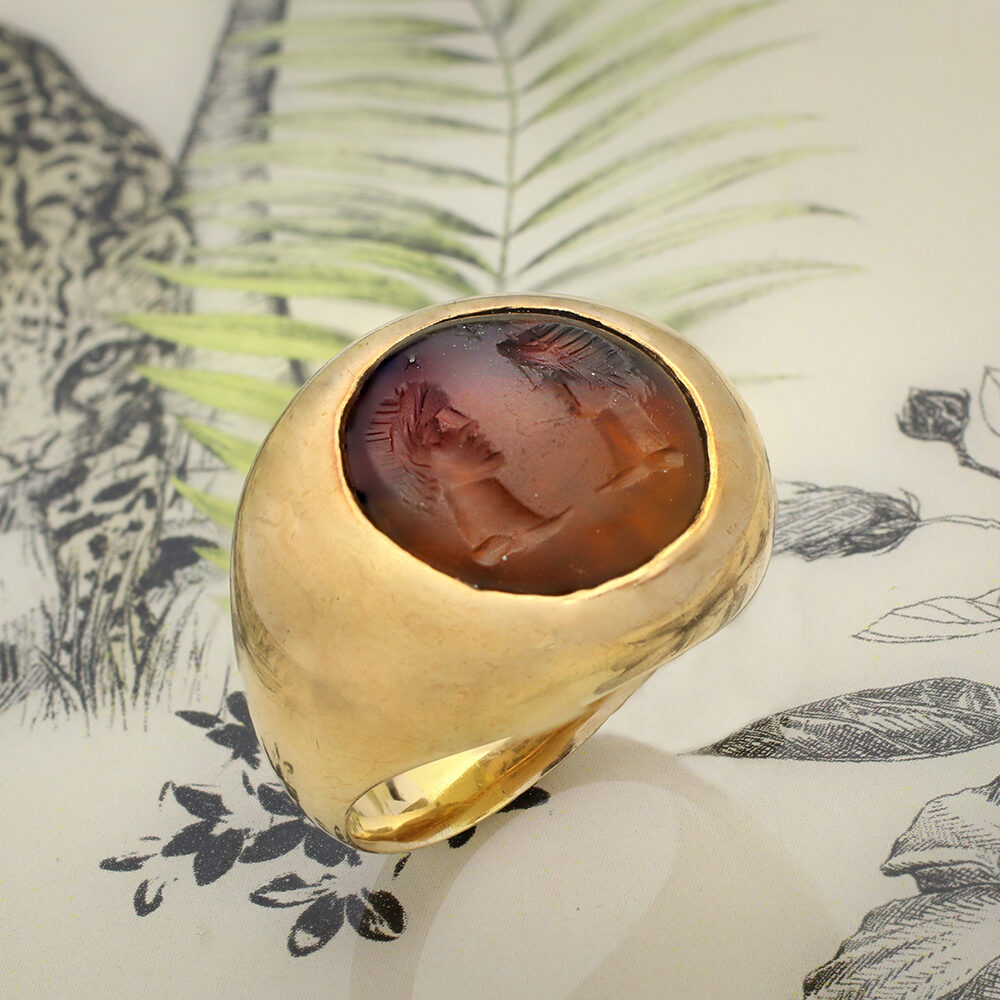 Ancient Roman Carnelian Intaglio of 'The Divine Twins' and Gold Ring