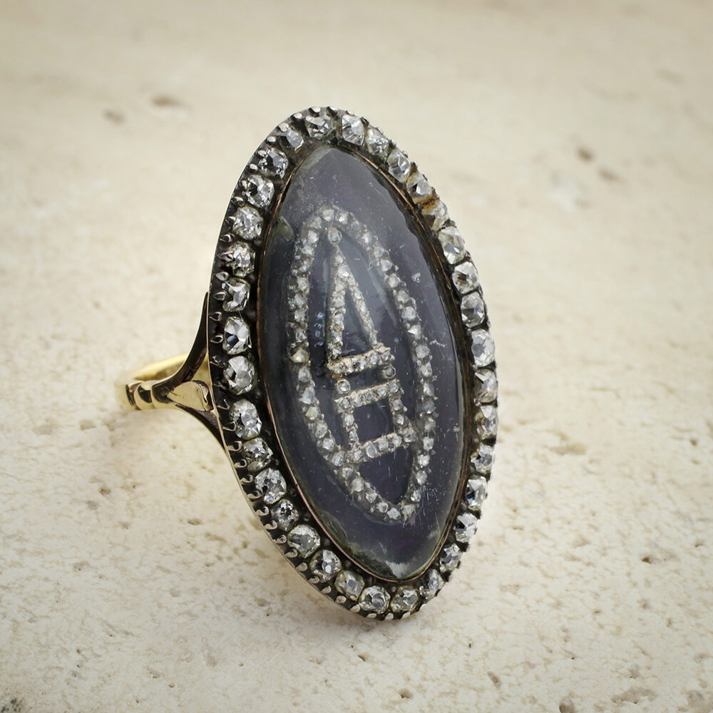 Antique Diamond, Rock Crystal and Enamel Memorial Ring