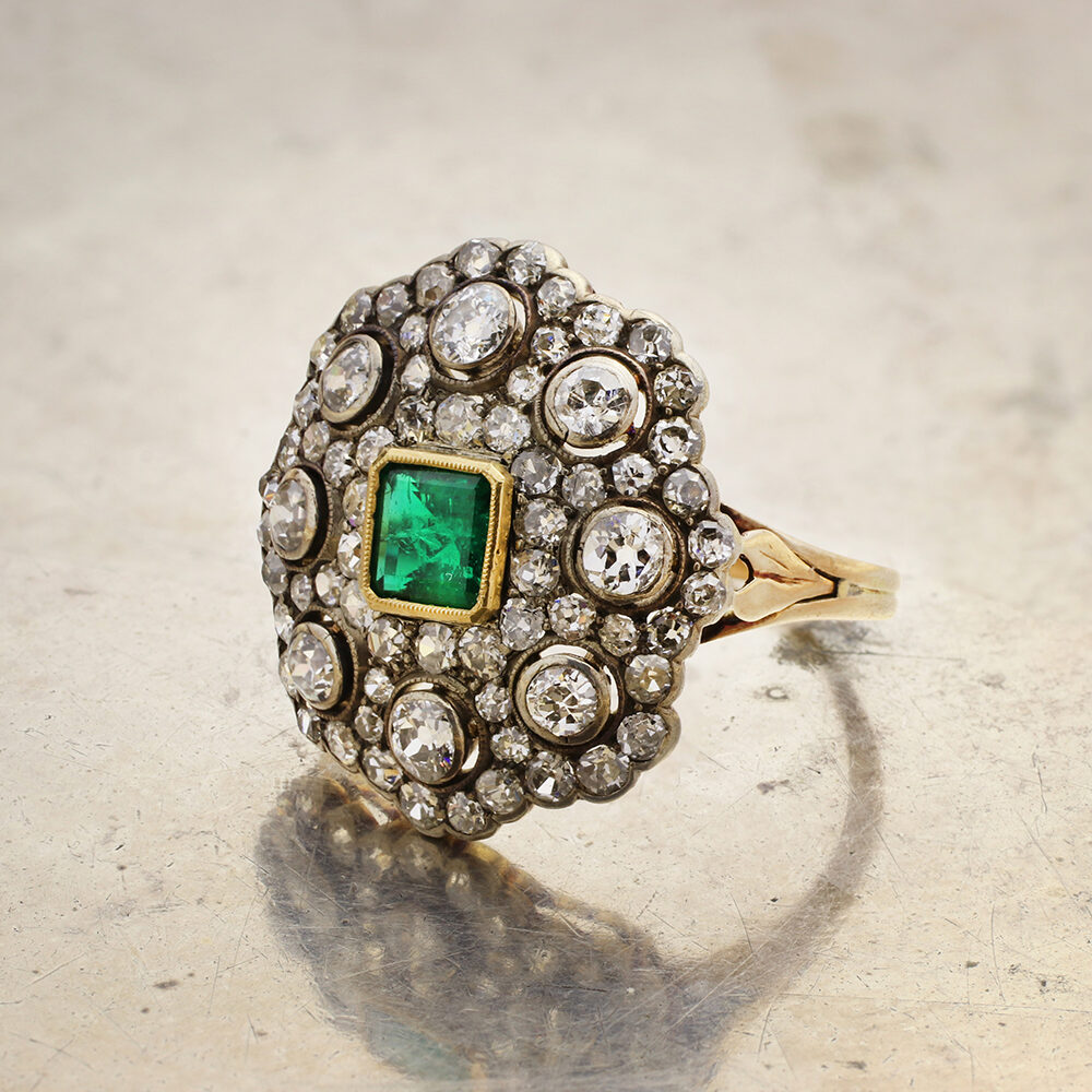 Antique Emerald and Diamond Plaque Ring