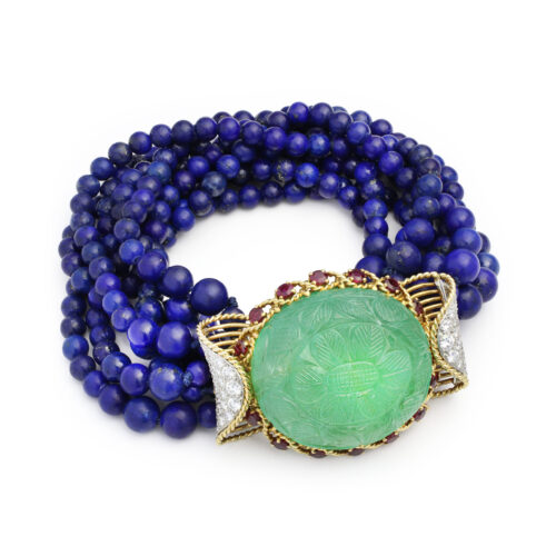 Cartier Carved Emerald, Lapis Lazuli, Ruby and Diamond Bracelet