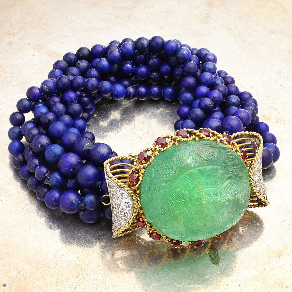 Cartier Carved Emerald, Lapis Lazuli, Ruby and Diamond Bracelet