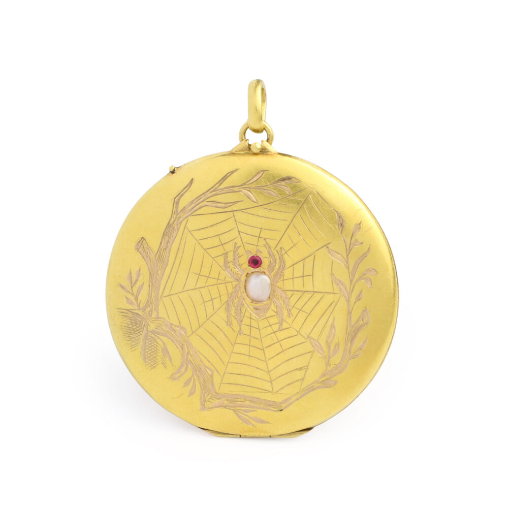 Antique Gold Pearl and Red Stone Spider Motif Locket