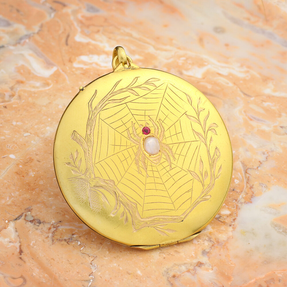 Antique Gold Pearl and Red Stone Spider Motif Locket