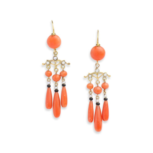 Antique Coral, Pearl, Onyx and Gold Earrings