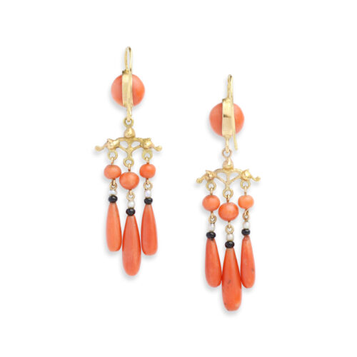 Antique Coral, Pearl, Onyx and Gold Earrings
