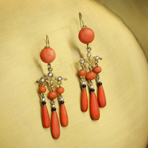 Antique Coral, Pearl, Onyx and Gold Earrings