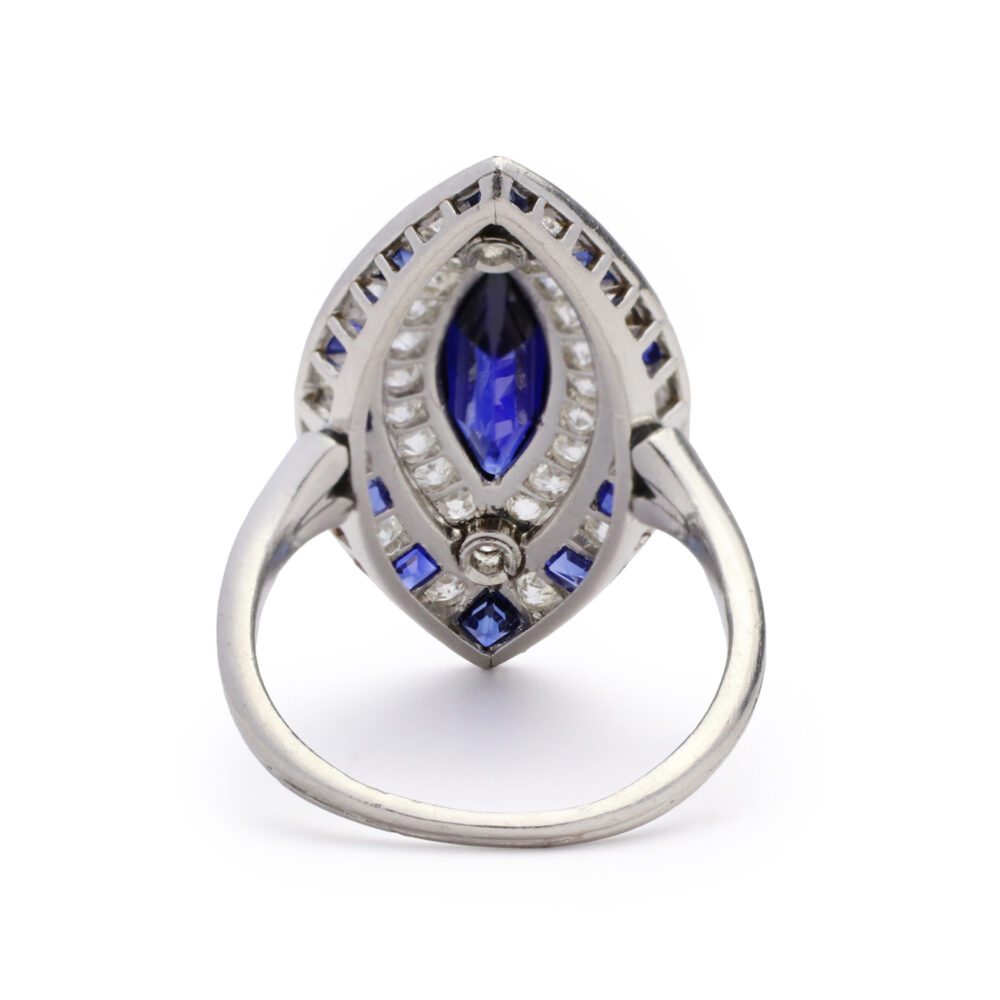 Sapphire and Diamond Navette-Shaped Plaque Ring