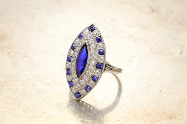 Sapphire And Diamond Navette-Shaped Plaque Ring