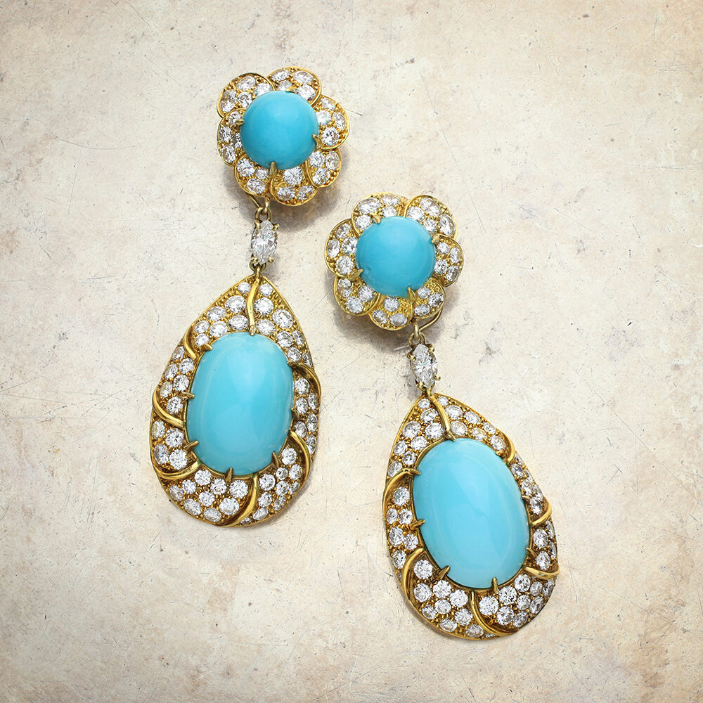 Cartier Turquoise, Diamond and Gold Ear Pendants