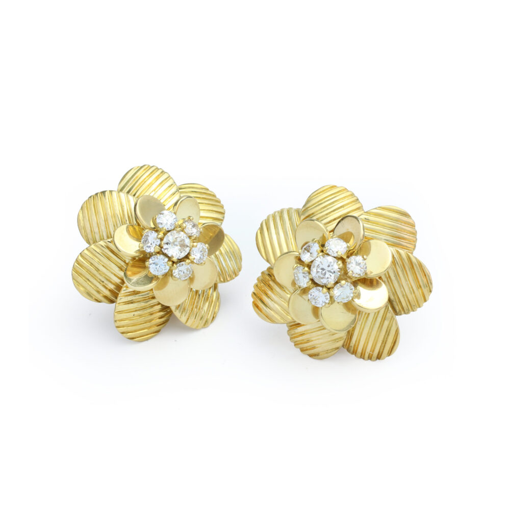 Ghiso Diamond and Gold Floral Earrings