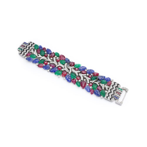 David Webb Carved Multi-Gem and Diamond Wide Bracelet