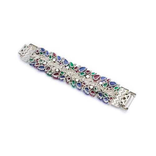 David Webb Carved Multi-Gem and Diamond Wide Bracelet