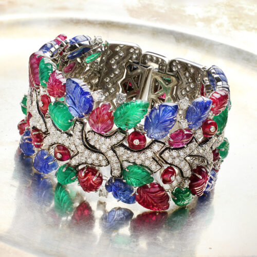 David Webb Carved Multi-Gem and Diamond Wide Bracelet