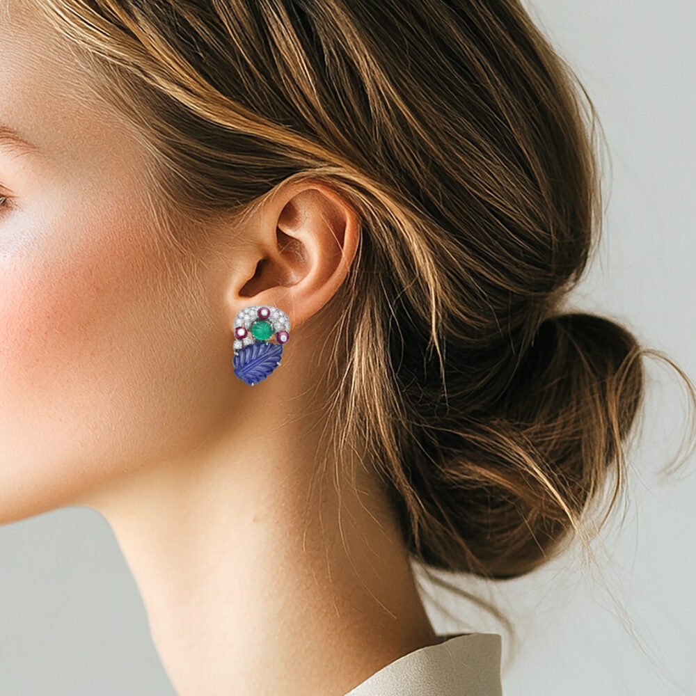 David Webb Caved Multi-Gem and Diamond Ear Clips