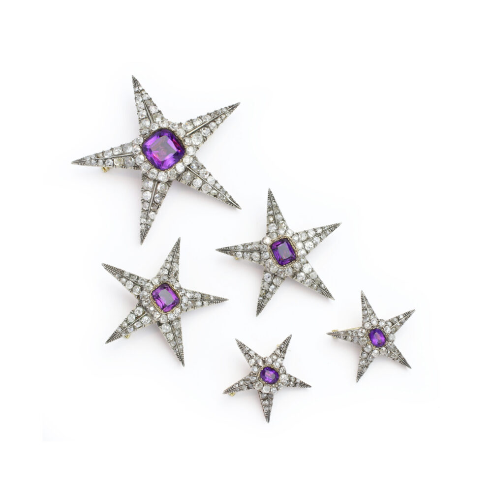 Antique Group of Diamond and Amethyst Set Star Brooches