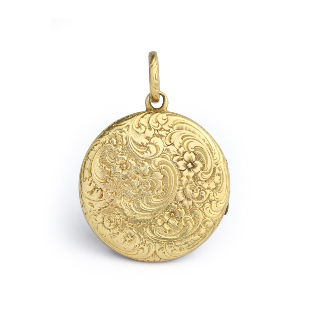 Antique Sculpted Gold and Enamel Locket Pendant