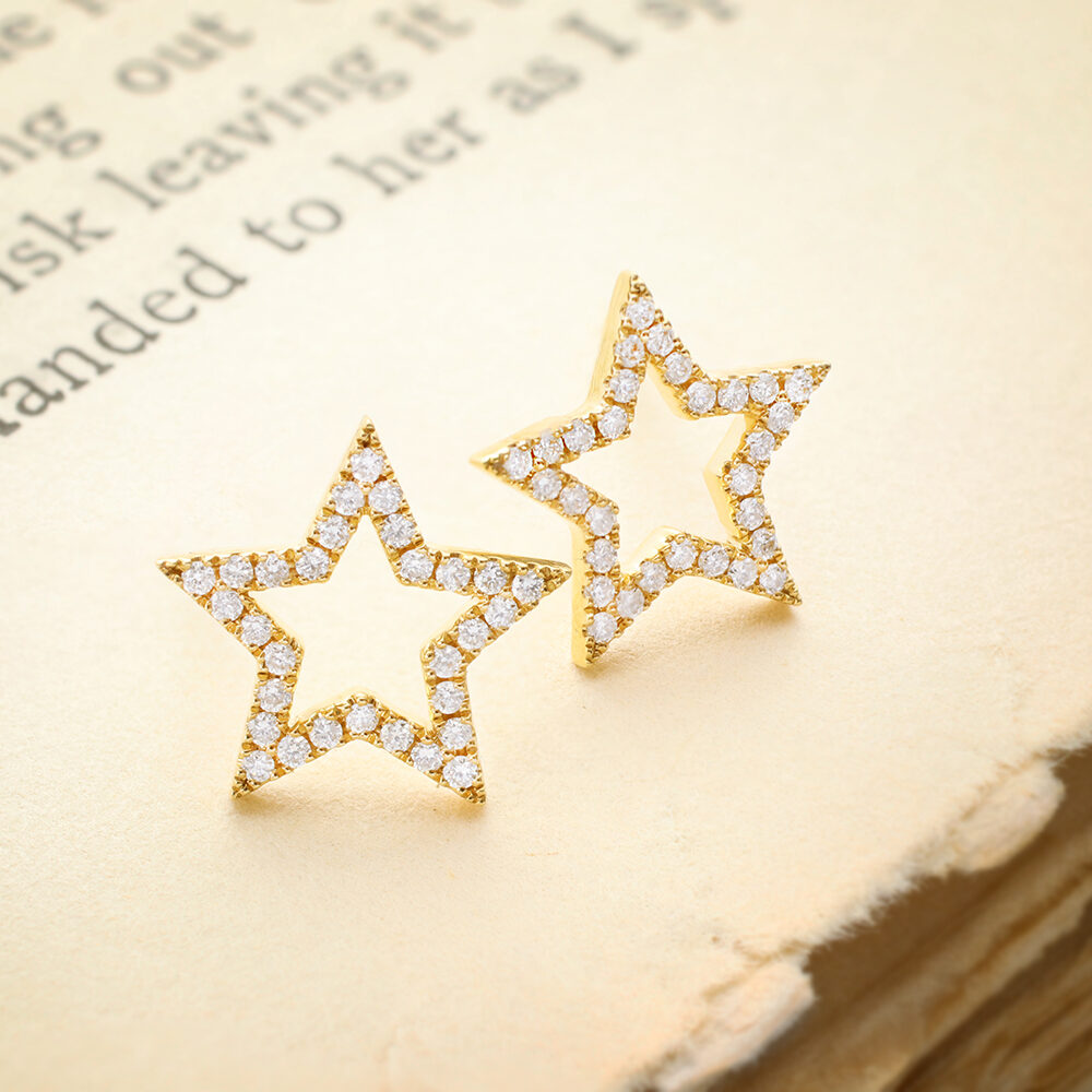 Gold and Diamond Star Outline Ear Studs