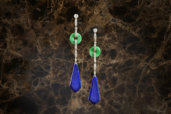 Art Deco Lapis Lazuli, Jade And Diamond Ear Pendants