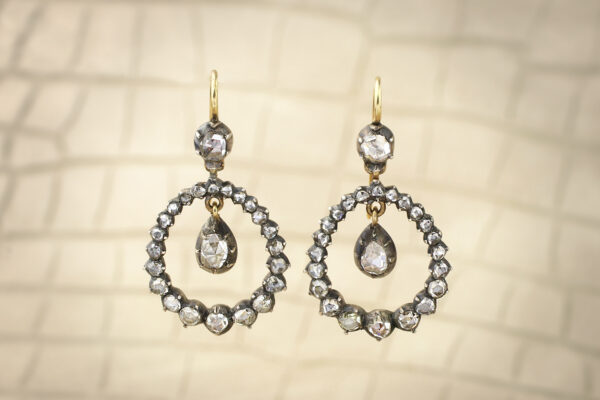 Antique Rose Cut Diamond Set Ear Pendants