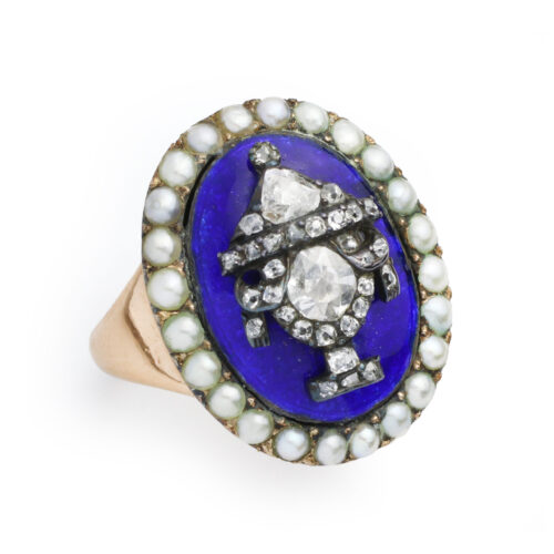 Antique Memento Mori Gold, Enamel, Pearl and Diamond Ring
