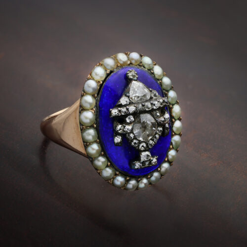 Antique Memento Mori Gold, Enamel, Pearl and Diamond Ring