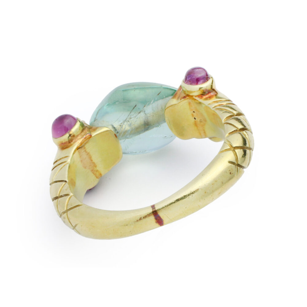 Aquamarine Bead and Sculpted Gold Twin Snake Ring