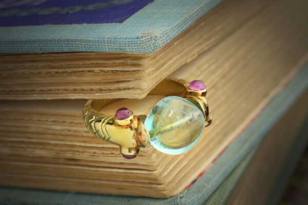 Aquamarine Bead And Sculpted Gold Twin Snake Ring