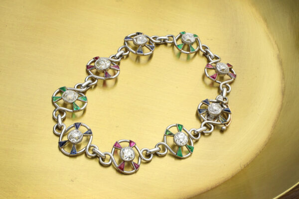 Antique Multi-Gem And Diamond Set Link Bracelet