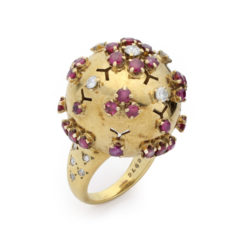 Van Cleef & Arpels Retro 'Pill Box' Ruby and Diamond Ear Clip and Ring Set