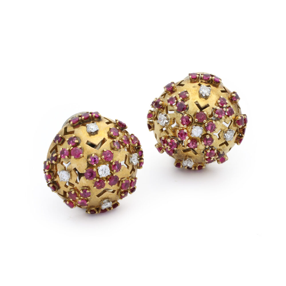 Van Cleef & Arpels Retro 'Pill Box' Ruby and Diamond Ear Clip and Ring Set