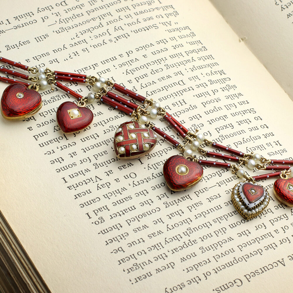 Antique Pearl and Enamel Heart Charm Bracelet
