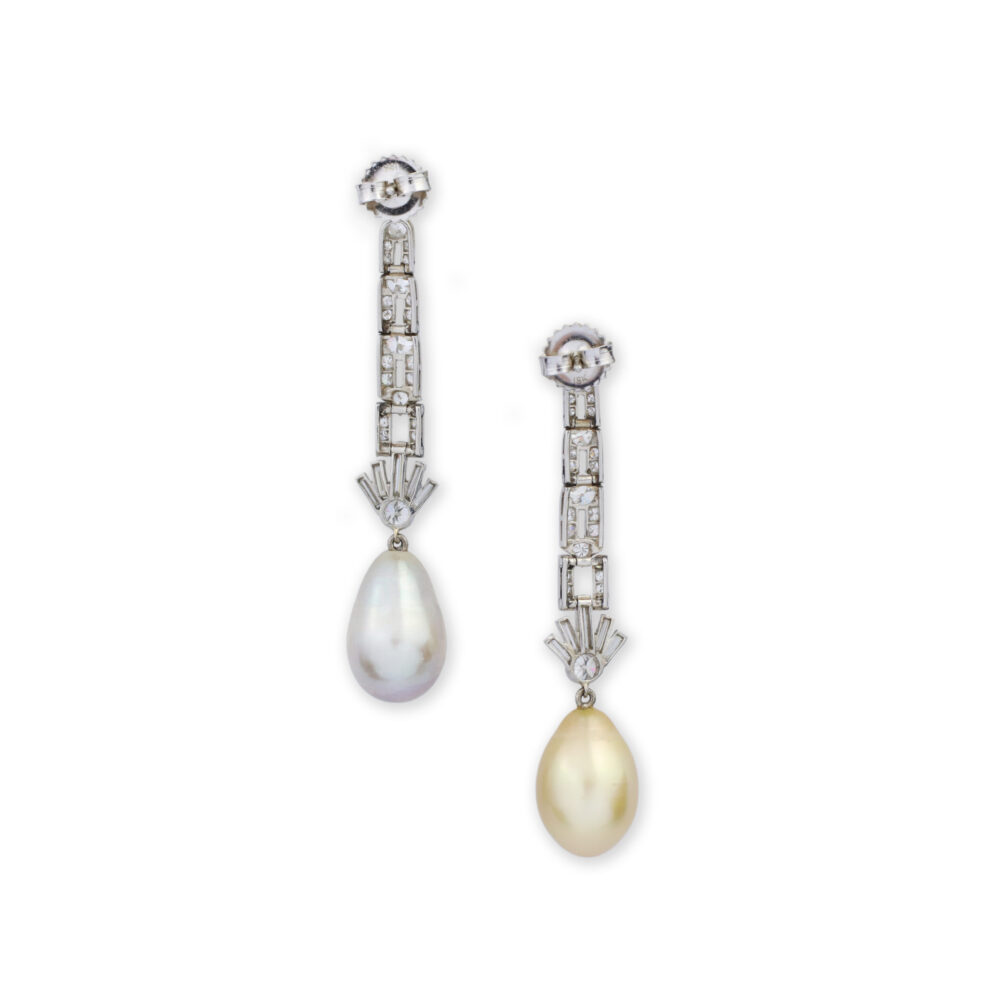 Art Deco Contrasting Natural Pearl and Diamond Ear Pendants