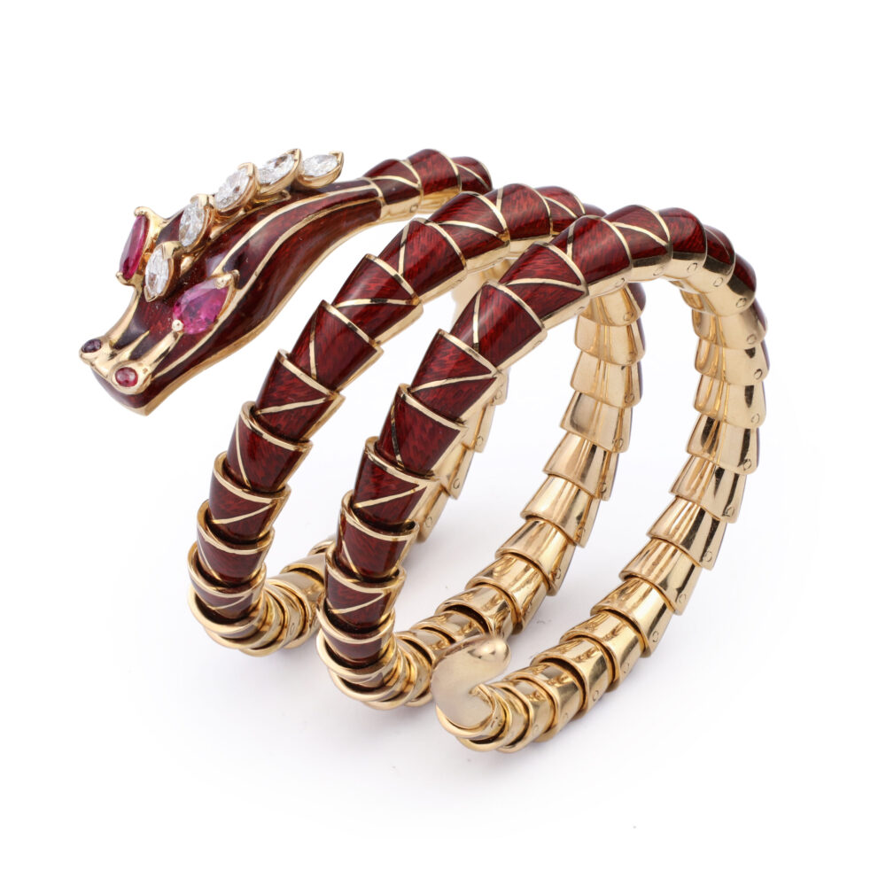 Bulgari Red Enamel, Ruby and Diamond Snake Bracelet