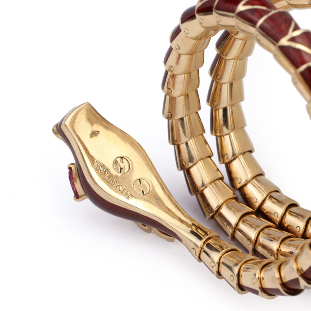 Bulgari Red Enamel, Ruby and Diamond Snake Bracelet