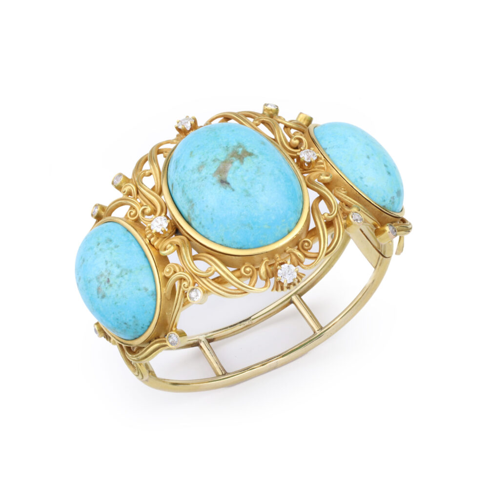 Antique Turquoise, Diamond and Gold Bangle Bracelet