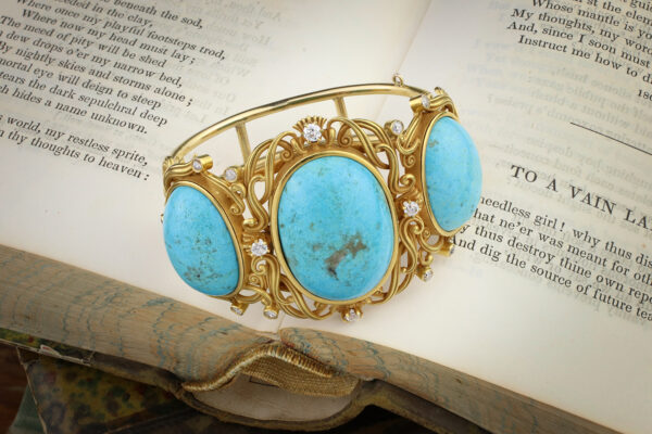 Antique Turquoise, Diamond And Gold Bangle Bracelet