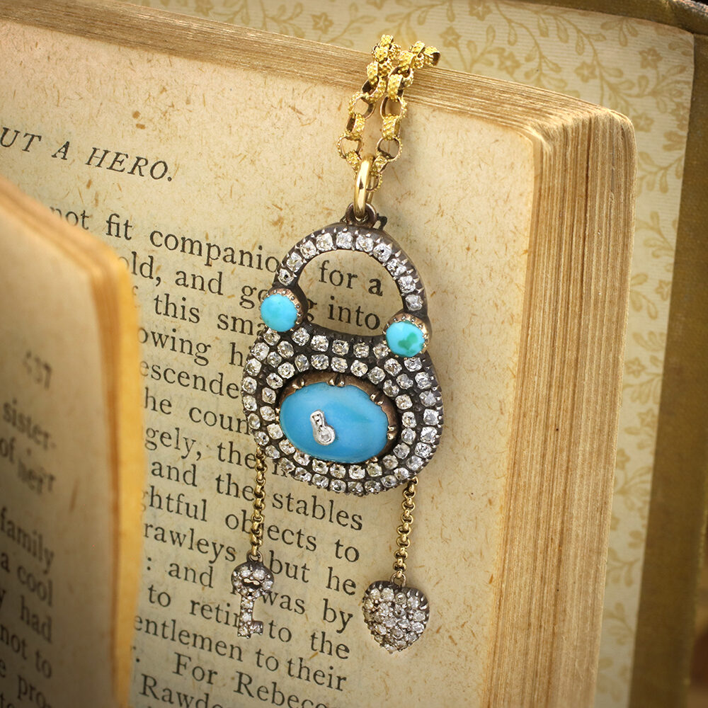 Antique Diamond and Turquoise Padlock Locket Pendant Necklace